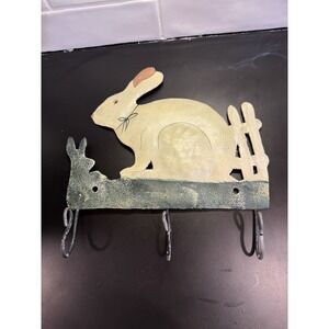 Folk Art Toleware Hand Painted Metal Cottagecore Bunny Rabbit 3 Hook Wall Panel